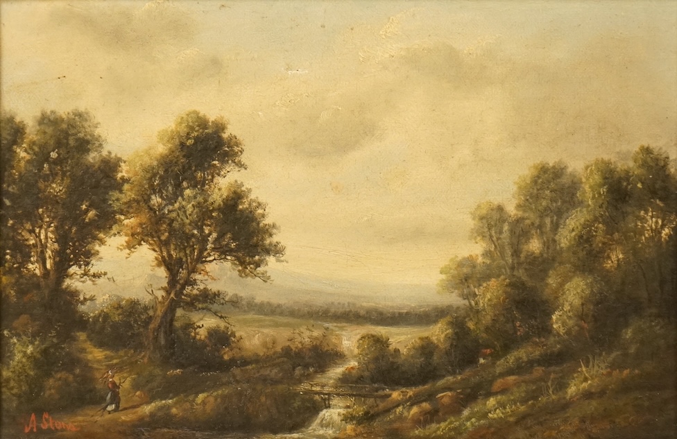 Ada Stone (1879-1904), Pastoral landscape with figure, signed, oil on canvas, 19 x 28cm